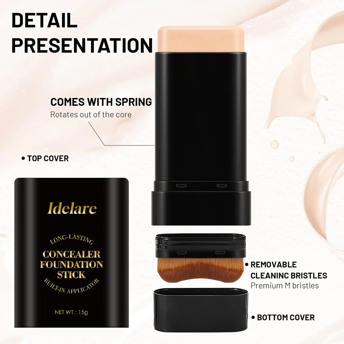 Dual-ended illuminating concealer and foundation stick (with built-in brush): waterproof and sweat-resistant, it glides on for an even, flawless finish, creating a radiant, luminous complexion.