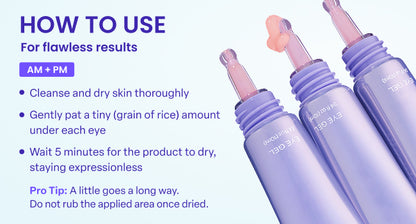 Eye cream targeting puffiness, under-eye bags, wrinkles, fine lines, and dark circles.