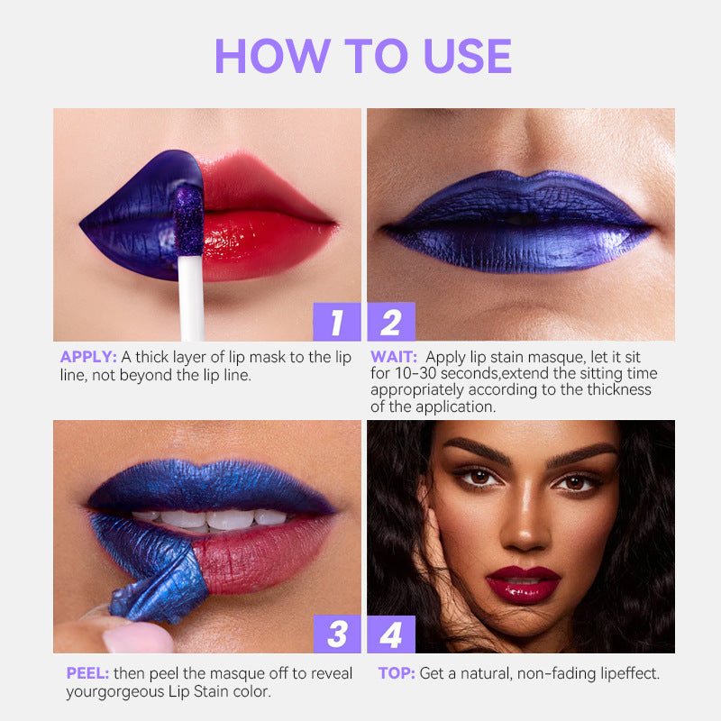 Peel-off lip stain; long-lasting and waterproof; transfer-proof and fade-resistant.